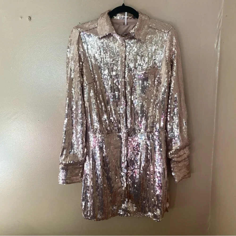 Free People Sophie Sequin mini dress champagne gold snap party Revolve S